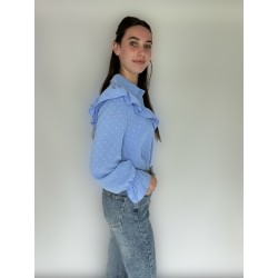 Blauwe ruffle blouse